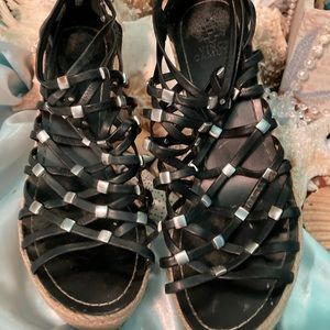 womens crisscross black keather wedge